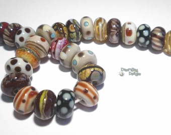 TRIBAL  Handmade Lampwork Beads - Mix of Ivory Mocha Sienna Brown Black   - Organic