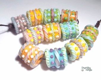 CANDY CRISPS Lampwork Beads Handmade Pastel Cylinders in Mix of Purple Blue Green Yellow Pink  Set of 11