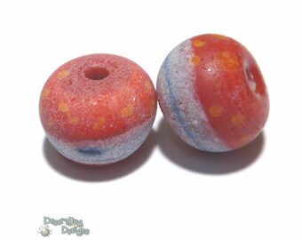 PAIRS 152  Lampwork Bead Pair Handmade  - Matte Soda Finish - Blue Red Orange   -  Matched Coastal Beach beads  - Set of 2