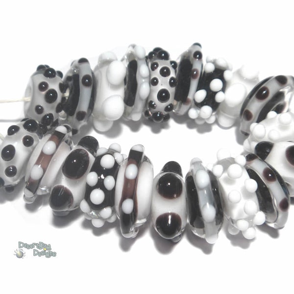 METRO SPINNERS Handmade Lampwork Beads - Black and White - Fancy Holiday Wedding Organic 20 Beads