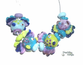 MR. FISH Tropical Handmade Lampwork Beads Turquoise Blue Cobalt Purple Lime Funky Big Fish Set of 4
