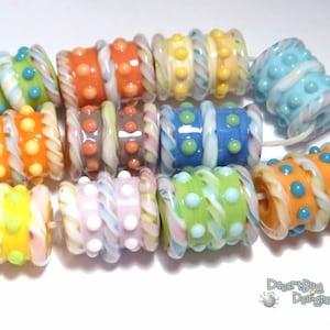 CANDY SPINS Lampwork Beads Handmade Pastel Cylinder Barrell Beads in Yellow Pink Blue Green Orange  Set of 11