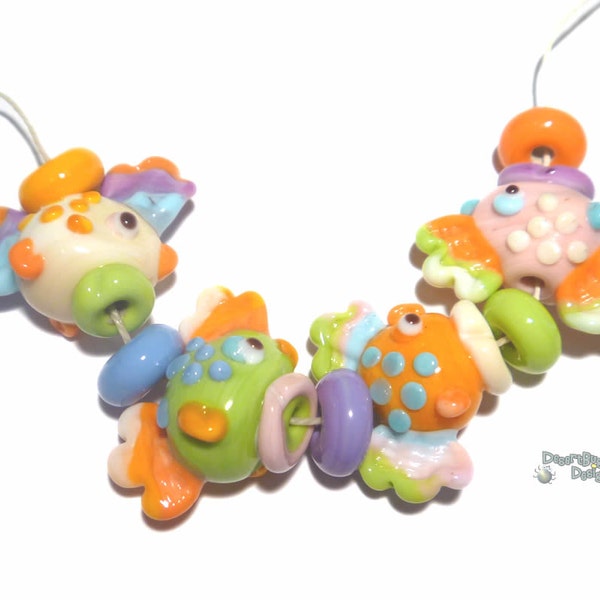CANDY FISH Handmade Lampwork Beads  -  Colorful Fish in Orange Purple Pink Yellow Blue Green Bright and fun !