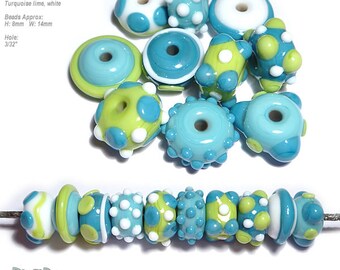 OCEAN MIXERS Lampwork Beads Handmade Bold Mix of Turquoise Blue White Lime Green  Great Accents  Set of 10