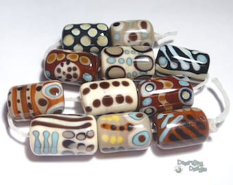 TRIBAL VOICES Lampwork Beads Handmade Cylinder Barrel Earth Colors Ivory Sienna Brown Mocha  Black  Set of 11