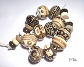 CHACO Lampwork Beads Handmade Free Flow designs in Natural Ivory Brown Mocha Tan Set of 23