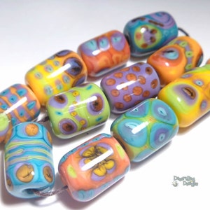 ISLAND DAZE Lampwork Beads Handmade  Lime Coral Purple Turquoise Melon Yellow Cylinder SHapes  Set of 23