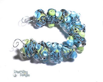 WAVEMIST Lampwork Beads Handmade Blue Green Black  Ocean Beach  Bold and Textured  Set of 10