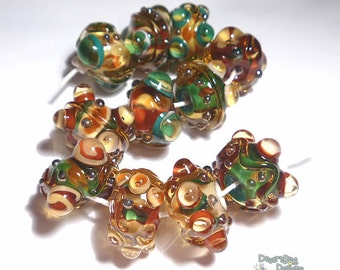 REDWOODS Handmade Lampwork Beads Teal Sienna Brown Ivory Silver Shimmery  Set of 11