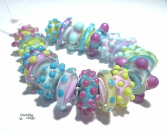 ALIEN MINISPINS Handmade Lampwork Beads  - Purple Turquoise Blue Lime Green  - Organic 20 Beads