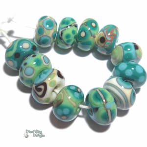 TEMPEST TUMBLERS  Handmade Lampwork Beads - Ivory Turquoise Blue Green Teal Black  - 12 Detailed Cool Beads - Desert Bug Designs