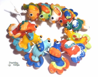 PAJARITOS Lampwork Beads Handmade Birds in Bold Colors of Blue Yellow ivory Green Red  Set of 11