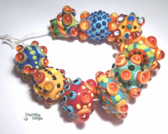PINATAS Lampwork Beads Handmade Big Bold WILD  in BOLD Colors Red Yellow Blue Green Large Focal Fancy   Set of 9