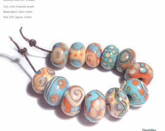 PUEBLA TUMBLERS  Handmade Lampwork Bead Set in Purple Turquoise Ivory Coral  Set of 12