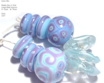 COLLECTION PERIWINKLE Lampwork Bead Set Handmade Blue Periwinkle Aqua  Purple  Organic Design C72