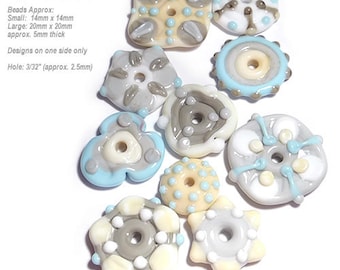 FUN FLATS 146 Lampwork Beads Handmade Flat DIscs in White Ivory Aqua Gray Pearl  Set of 10