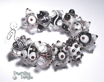 METROPOLOIS Lampwork Beads Handmade  Black White Cool Textured Beads  WIld Designs  Set of 11