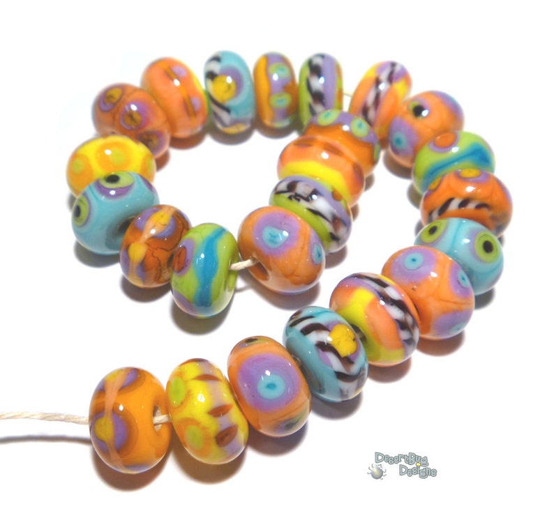 Coral Turquoise Blue Purple Yellow Green Black White ALL THAT JAZZ Handmade Lampwork Beads Organic Rounds