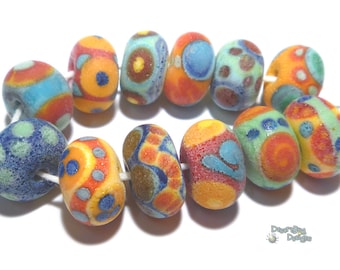 COLORES ANTIGUA Handmade Lampwork Beads - Turquoise Blue Red Yellow Green - Matte Ancient Look -  12 Beads