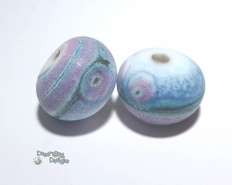 PAIRS 161 Lampwork Bead Pair Handmade  - Matte Soda Finish - Blue Purple White -  Matched Coastal Beach beads  - Set of 2