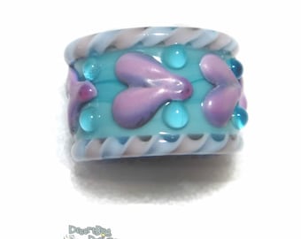 SLIDER 839  Lampwork Bead Handmade Large Big Holed Slider Bead - Purple Turquoise Blue Hearts -- fits Regaliz