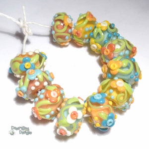 TROPICA Lampwork Beads Handmade Ivory Coral Melon Yellow Blue Floral Vines and Flowers Set of 11