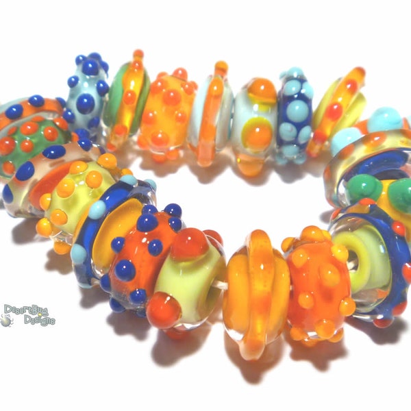 COLOR SPINNERS Handmade Lampwork Beads Red Blue Yellow Green - Organic 20 Beads