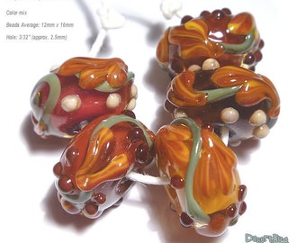 AUTUMN BERRIES Lampwork Beads Handmade Sienna Squash Brown Red Olive -  Set of 5