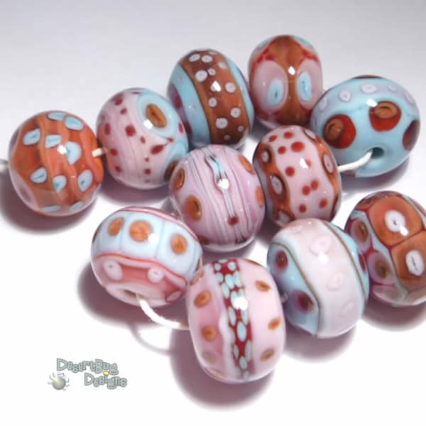 LA VIDA Lampwork Beads Handmade - Pink Red Aqua Blue Coral - Pretty and  Bold  - Set of 11