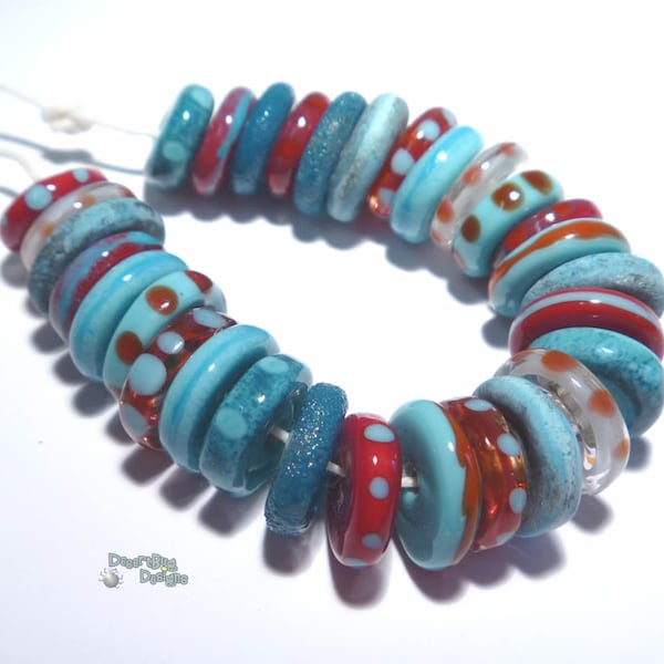 SANIBEL Handmade Lampwork Beads Mix of Blue Red Turquoise  - Organic Discs -