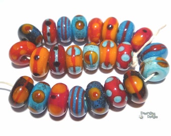 TEXMEX Handmade Lampwork Beads Mix of Red Blue Orange Black - Bold and Warm
