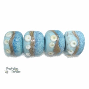 DESERT ROX 18 Lampwork Bead Set Handmade - Matte Ancient Look Beach Glass - Blue Silvered Ivory - Barrels
