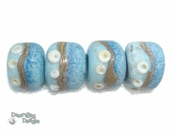 DESERT ROX 18 Lampwork Bead Set Handmade - Matte Ancient Look Beach Glass - Blue Silvered Ivory - Barrels