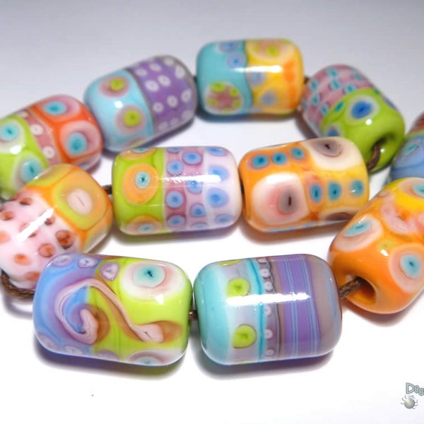 SPRING DAZE Lampwork Beads Handmade Cylinder Barrel Pastels Yellow Pink Purple Aqua Blue Melon Green Set of 11