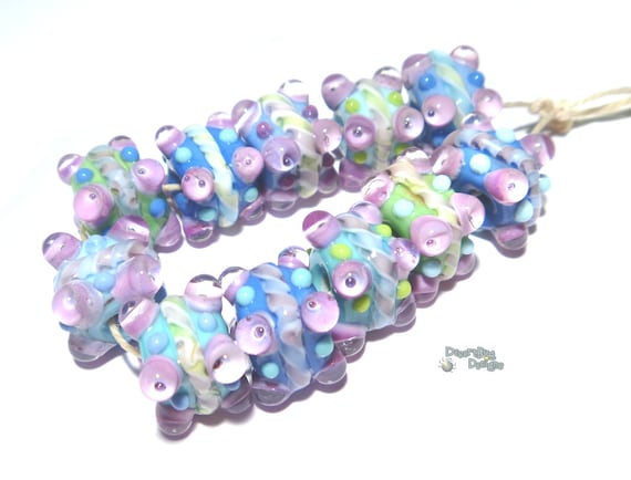 COOL CUBES Lampwork Beads Handmade Cool Color Mix Periwinkle Aqua Blue  Green White Purple Set of 11 