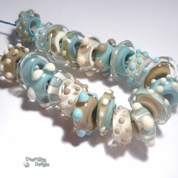 BEACH SPINNERS Handmade Lampwork Beads - Ivory Mocha Turquoise - -- 5mm Hole ----