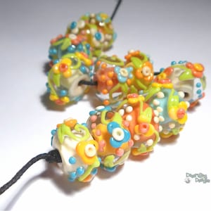 TROPICA Lampwork Beads Handmade Ivory Coral Melon Yellow Blue Floral Vines and Flowers Set of 11