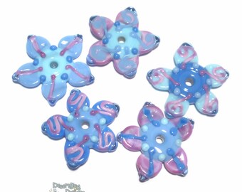 COOL FLOWERS Handmade Lampwork Beads - Periwinkle Blue Aqua Purple  -  Set of 5