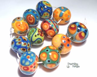 COLOR BOBS Lampwork Beads Handmade Bright Colors Turquoise Red Yellow Blue Green - Set of 11