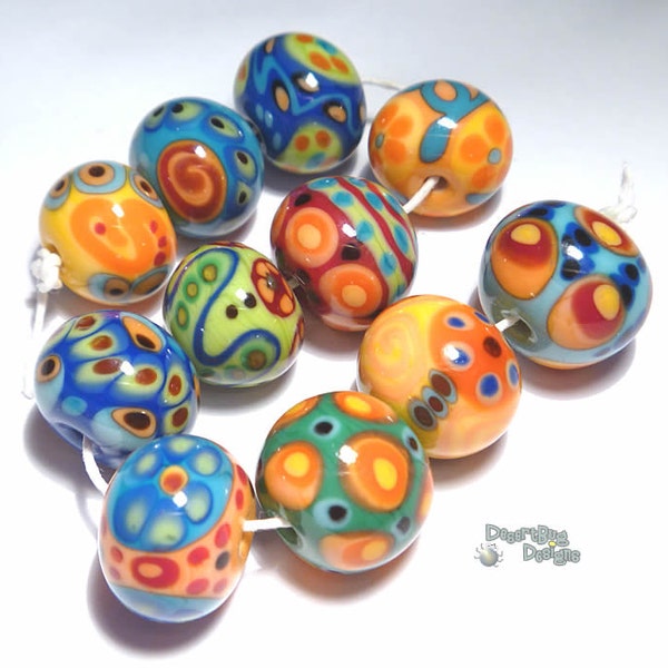 COLOR BOBS Lampwork Beads Handmade Bright Colors Turquoise Red Yellow Blue Green - Set of 11