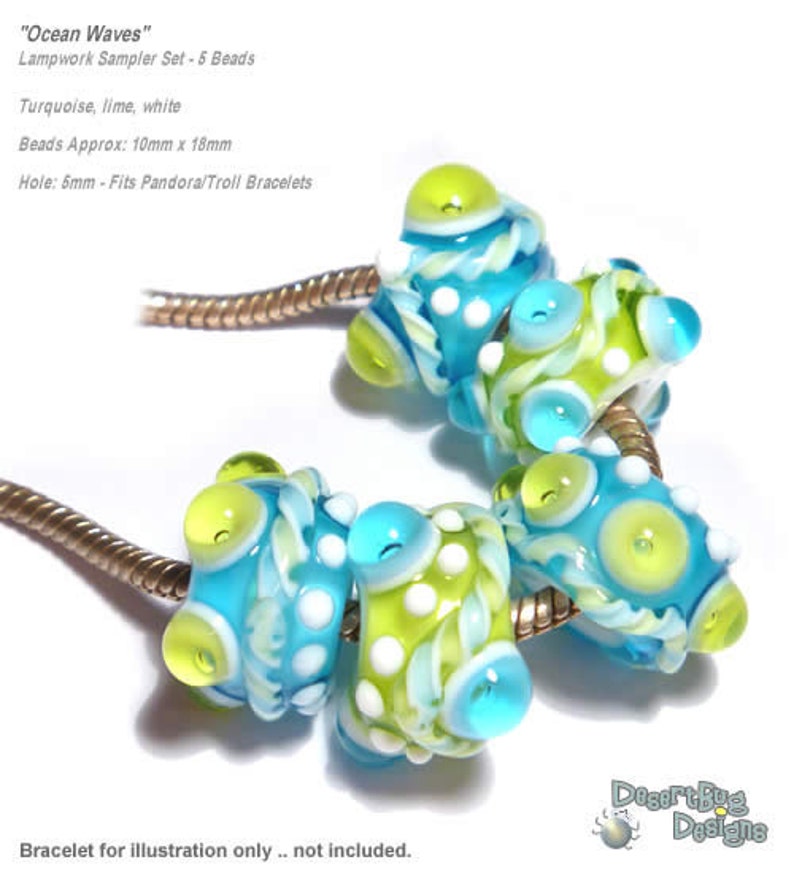 OCEAN WAVES Handmade Lampwork Beads Blue Green White Will Fit Euro ...