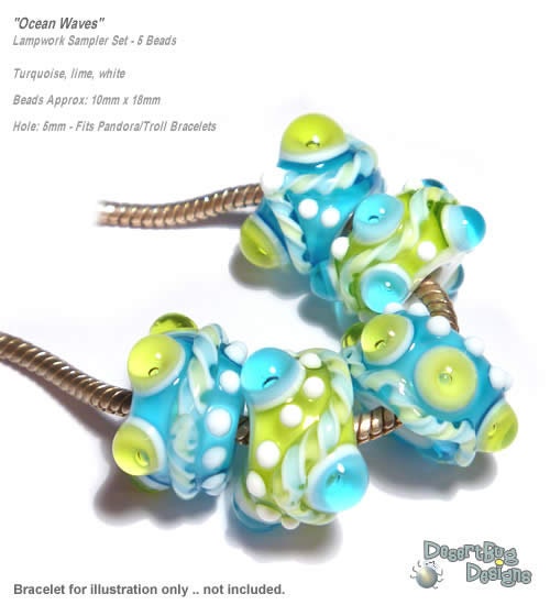 OCEAN WAVES Handmade Lampwork Beads Blue Green White Will Fit Euro ...