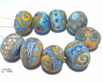 AEGEAN Lampwork Beads Handmade Blue Turquoise Squash Matte Ancient Look Finish  Big Free Flow Designs Set of 9