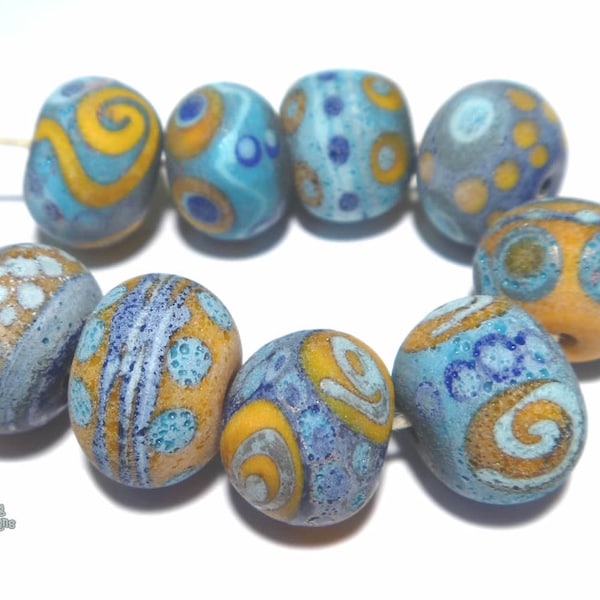 AEGEAN Lampwork Beads Handmade Blue Turquoise Squash Matte Ancient Look Finish  Big Free Flow Designs Set of 9