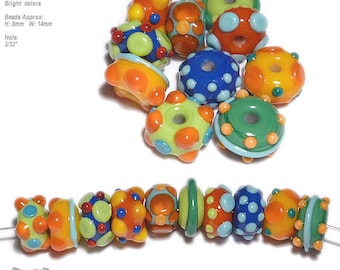 MIXERS 63 Lampwork Beads Handmade - Bright Colors Yellow Green Red Orange Blue - Great Accents  Set of 10
