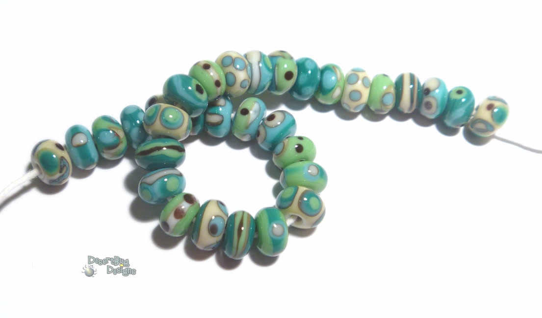 TEMPEST TUMBLERS Handmade Lampwork Beads Ivory Turquoise Blue Green Teal  Black 12 Detailed Cool Beads Desert Bug Designs 