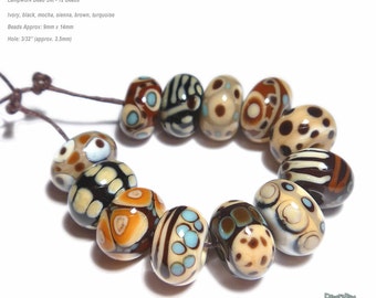 TRIBAL Handmade Lampwork Bead Set in Ivory Sienna Mocha Black Turquoise Brown Set of 12