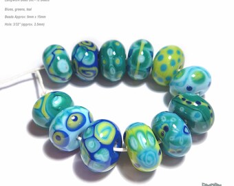 WAVERIDERS Lampwork Beads Handmade Blue Green TEal Lime Cobalt Aqua Ocean colors Set of 12