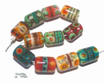 MAMBO DAZE Lampwork Beads Handmade Cylinders Ivory Red Green Orange Chocolate Brown Set of 11