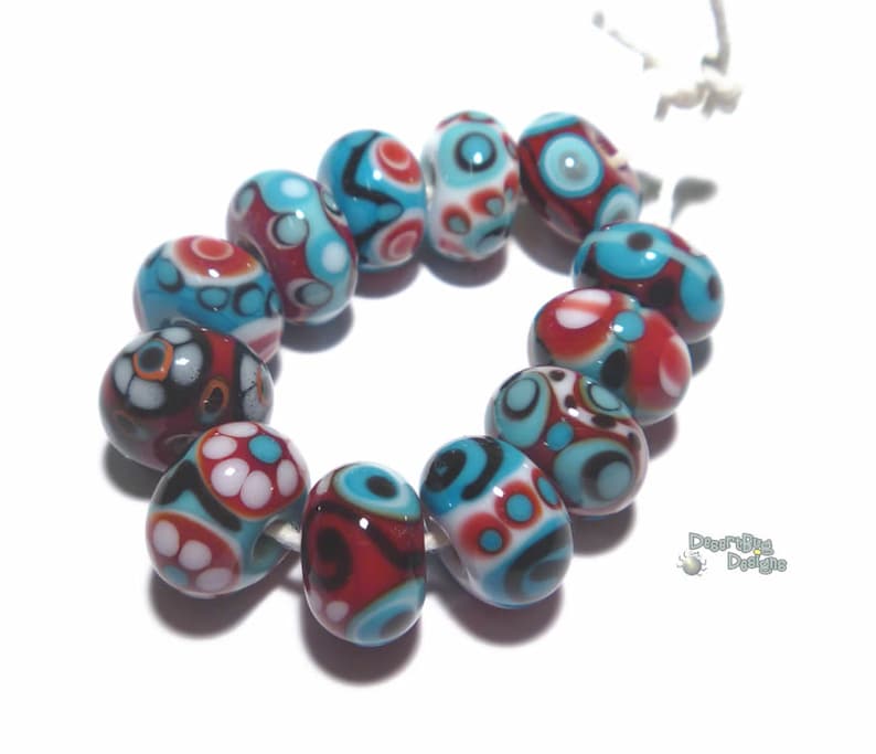 SANTA FE Handmade Lampwork Beads Red Turquoise Blue White Black Desert Bug Designs 12 Detailed Bright Beads